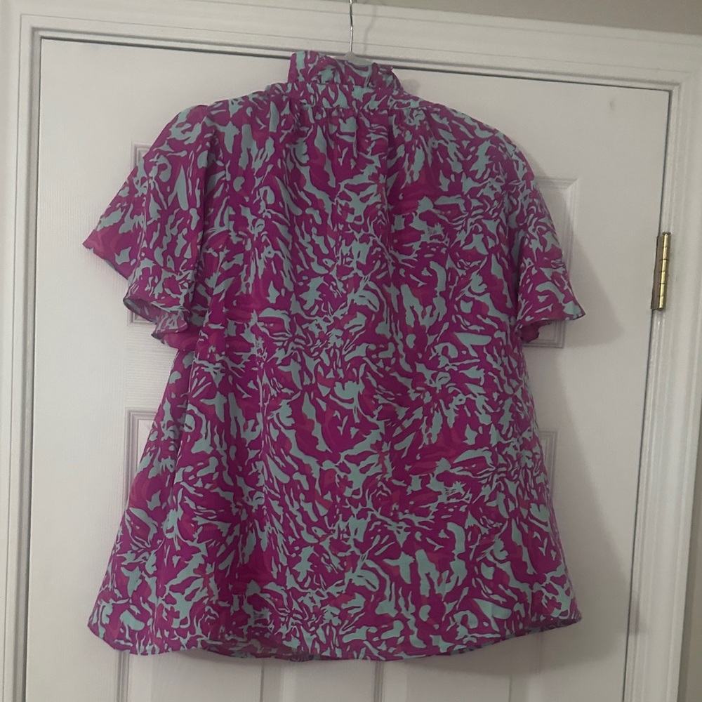 Umgee Vibrant Pink and Blue Patterned Blouse - Picture 3 of 3